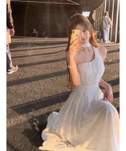 Off-Shoulder Halter Neck Dress with Fairy Waist Design, Flowy Long Skirt, French Style Summer Vacation Dress