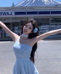 Off-Shoulder Halter Neck Dress with Fairy Waist Design, Flowy Long Skirt, French Style Summer Vacation Dress