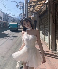 Off-Shoulder Halter Neck Dress with Fairy Waist Design, Flowy Long Skirt, French Style Summer Vacation Dress