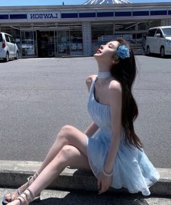 Off-Shoulder Halter Neck Dress with Fairy Waist Design, Flowy Long Skirt, French Style Summer Vacation Dress