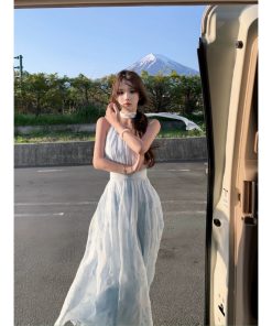 Off-Shoulder Halter Neck Dress with Fairy Waist Design, Flowy Long Skirt, French Style Summer Vacation Dress