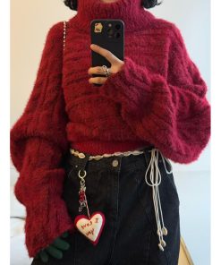 Off-Shoulder Knitted Christmas Sweater for Women - Vintage Pumpkin Ankara Red Winter Top for Hot Girl Style