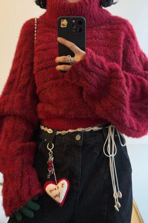 Off-Shoulder Knitted Christmas Sweater for Women - Vintage Pumpkin Ankara Red Winter Top for Hot Girl Style