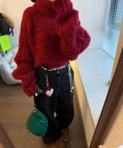 Off-Shoulder Knitted Christmas Sweater for Women - Vintage Pumpkin Ankara Red Winter Top for Hot Girl Style