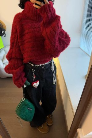 Off-Shoulder Knitted Christmas Sweater for Women - Vintage Pumpkin Ankara Red Winter Top for Hot Girl Style