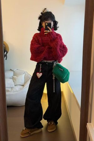 Off-Shoulder Knitted Christmas Sweater for Women - Vintage Pumpkin Ankara Red Winter Top for Hot Girl Style
