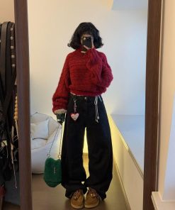 Off-Shoulder Knitted Christmas Sweater for Women - Vintage Pumpkin Ankara Red Winter Top for Hot Girl Style