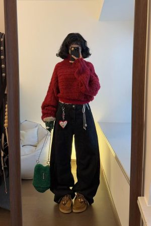 Off-Shoulder Knitted Christmas Sweater for Women - Vintage Pumpkin Ankara Red Winter Top for Hot Girl Style