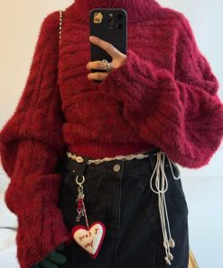 Off-Shoulder Knitted Christmas Sweater for Women - Vintage Pumpkin Ankara Red Winter Top for Hot Girl Style