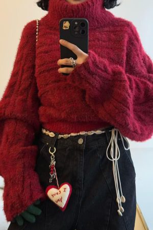 Off-Shoulder Knitted Christmas Sweater for Women - Vintage Pumpkin Ankara Red Winter Top for Hot Girl Style