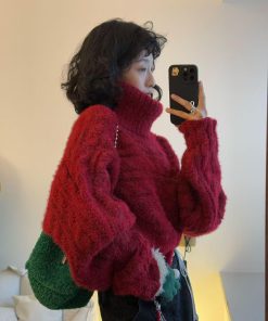 Off-Shoulder Knitted Christmas Sweater for Women - Vintage Pumpkin Ankara Red Winter Top for Hot Girl Style