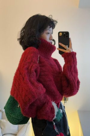Off-Shoulder Knitted Christmas Sweater for Women - Vintage Pumpkin Ankara Red Winter Top for Hot Girl Style