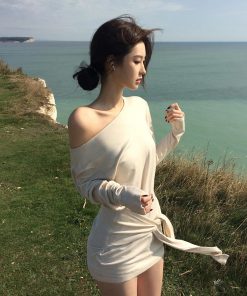 Off-Shoulder Long Sleeve Bodycon Dress for Women - French Style, Waist-Cinching, Spicy Girl Fashion for Spring and Summer