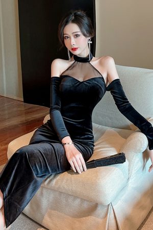 Off-Shoulder Long Sleeve Evening Gown for Women, Sexy Mesh Splicing, Golden Velvet, Mid-Length, Perfect for Autumn and Winter Events