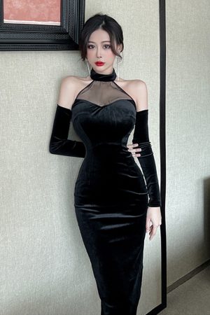 Off-Shoulder Long Sleeve Evening Gown for Women, Sexy Mesh Splicing, Golden Velvet, Mid-Length, Perfect for Autumn and Winter Events