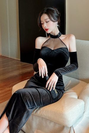 Off-Shoulder Long Sleeve Evening Gown for Women, Sexy Mesh Splicing, Golden Velvet, Mid-Length, Perfect for Autumn and Winter Events