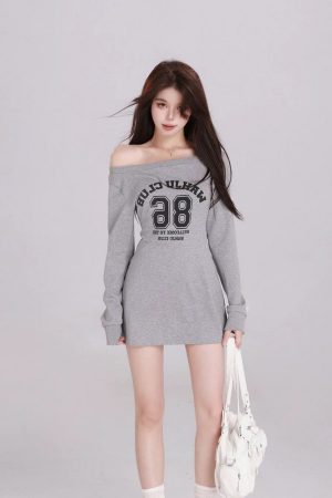 Off-Shoulder Long Sleeve T-Shirt Dress for Women, Waist-Cinching, Stylish Short Skirt, Petite Fit, Perfect for Spring Fashion