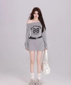 Off-Shoulder Long Sleeve T-Shirt Dress for Women, Waist-Cinching, Stylish Short Skirt, Petite Fit, Perfect for Spring Fashion