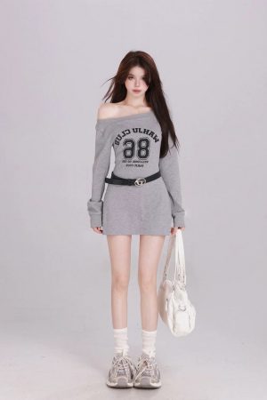 Off-Shoulder Long Sleeve T-Shirt Dress for Women, Waist-Cinching, Stylish Short Skirt, Petite Fit, Perfect for Spring Fashion