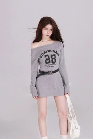 Off-Shoulder Long Sleeve T-Shirt Dress for Women, Waist-Cinching, Stylish Short Skirt, Petite Fit, Perfect for Spring Fashion