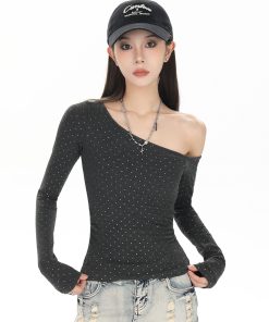 Off-Shoulder Long Sleeve T-Shirt for Women - Trendy 2025 Base Layer, American Style, High-Waisted Slim-Fit Top