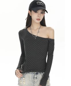 Off-Shoulder Long Sleeve T-Shirt for Women - Trendy 2025 Base Layer, American Style, High-Waisted Slim-Fit Top