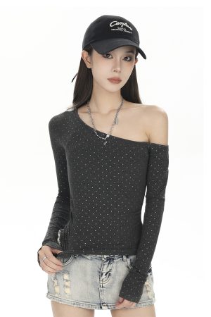 Off-Shoulder Long Sleeve T-Shirt for Women - Trendy 2025 Base Layer, American Style, High-Waisted Slim-Fit Top