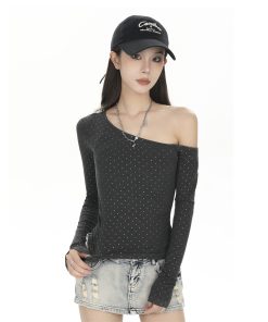 Off-Shoulder Long Sleeve T-Shirt for Women - Trendy 2025 Base Layer, American Style, High-Waisted Slim-Fit Top