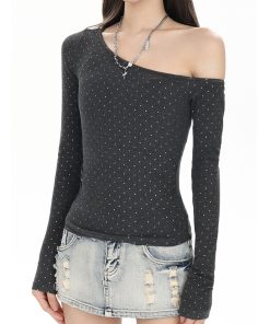 Off-Shoulder Long Sleeve T-Shirt for Women - Trendy 2025 Base Layer, American Style, High-Waisted Slim-Fit Top