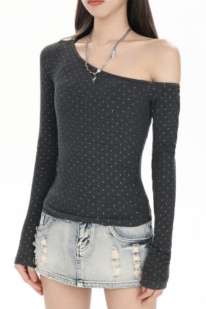 Off-Shoulder Long Sleeve T-Shirt for Women - Trendy 2025 Base Layer, American Style, High-Waisted Slim-Fit Top