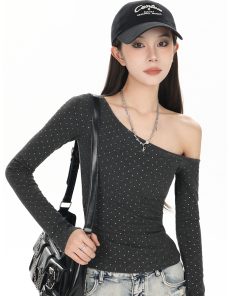 Off-Shoulder Long Sleeve T-Shirt for Women - Trendy 2025 Base Layer, American Style, High-Waisted Slim-Fit Top