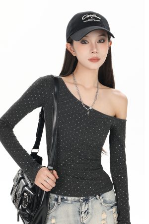 Off-Shoulder Long Sleeve T-Shirt for Women - Trendy 2025 Base Layer, American Style, High-Waisted Slim-Fit Top