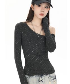 Off-Shoulder Long Sleeve T-Shirt for Women - Trendy 2025 Base Layer, American Style, High-Waisted Slim-Fit Top