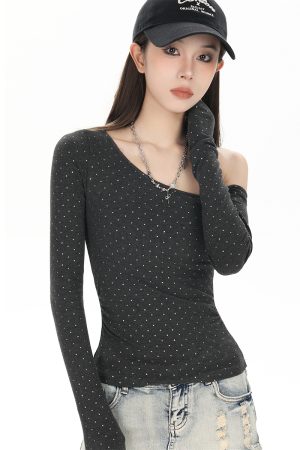 Off-Shoulder Long Sleeve T-Shirt for Women - Trendy 2025 Base Layer, American Style, High-Waisted Slim-Fit Top