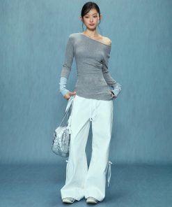 Off-Shoulder Long Sleeve Top for Women, Fitted Pure Cotton Shirt, New Style 2025, Trendy Casual Wear, Chic Weekend Look