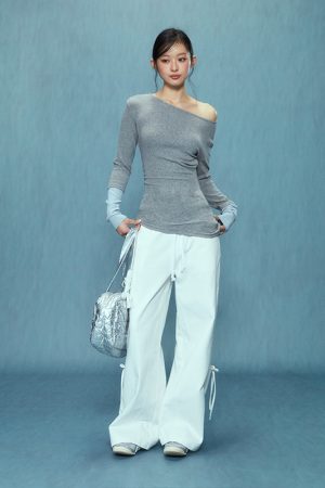 Off-Shoulder Long Sleeve Top for Women, Fitted Pure Cotton Shirt, New Style 2025, Trendy Casual Wear, Chic Weekend Look