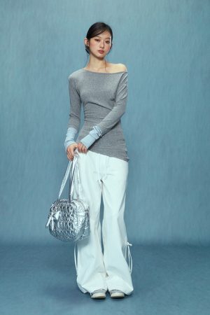Off-Shoulder Long Sleeve Top for Women, Fitted Pure Cotton Shirt, New Style 2025, Trendy Casual Wear, Chic Weekend Look