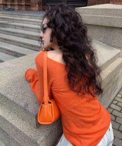Off-Shoulder Mohair Knitted Sweater in Pumpkin - 2025 Korean Style Diagonal Shoulder Top for Women, Cozy Lazy Fashion