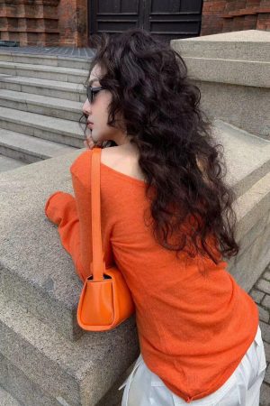 Off-Shoulder Mohair Knitted Sweater in Pumpkin - 2025 Korean Style Diagonal Shoulder Top for Women, Cozy Lazy Fashion