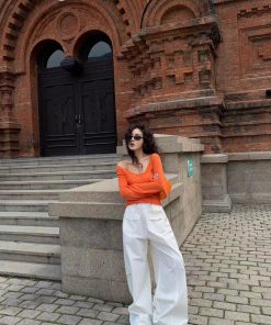 Off-Shoulder Mohair Knitted Sweater in Pumpkin - 2025 Korean Style Diagonal Shoulder Top for Women, Cozy Lazy Fashion