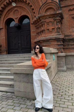 Off-Shoulder Mohair Knitted Sweater in Pumpkin - 2025 Korean Style Diagonal Shoulder Top for Women, Cozy Lazy Fashion