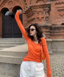 Off-Shoulder Mohair Knitted Sweater in Pumpkin - 2025 Korean Style Diagonal Shoulder Top for Women, Cozy Lazy Fashion