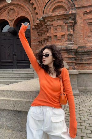Off-Shoulder Mohair Knitted Sweater in Pumpkin - 2025 Korean Style Diagonal Shoulder Top for Women, Cozy Lazy Fashion