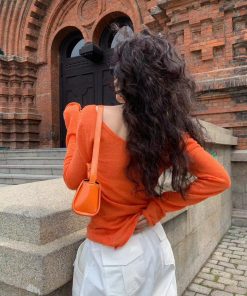 Off-Shoulder Mohair Knitted Sweater in Pumpkin - 2025 Korean Style Diagonal Shoulder Top for Women, Cozy Lazy Fashion