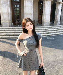 Off-Shoulder Polka Dot Dress for Women - French-Style Spicy Girl Design, Waist-Cinching Casual Summer Short Skirt