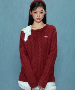 Off-Shoulder Red Sweater for Women - Stylish Korean Style Top for Autumn and Winter 2025 Fashion Trends