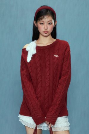 Off-Shoulder Red Sweater for Women - Stylish Korean Style Top for Autumn and Winter 2025 Fashion Trends