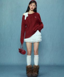 Off-Shoulder Red Sweater for Women - Stylish Korean Style Top for Autumn and Winter 2025 Fashion Trends