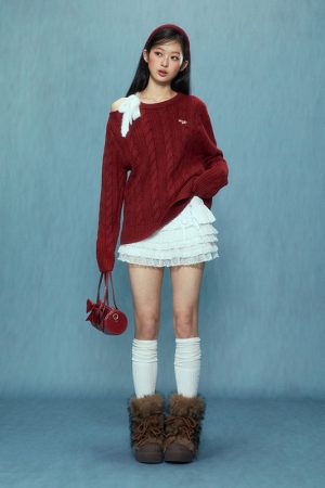 Off-Shoulder Red Sweater for Women - Stylish Korean Style Top for Autumn and Winter 2025 Fashion Trends
