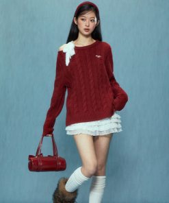 Off-Shoulder Red Sweater for Women - Stylish Korean Style Top for Autumn and Winter 2025 Fashion Trends